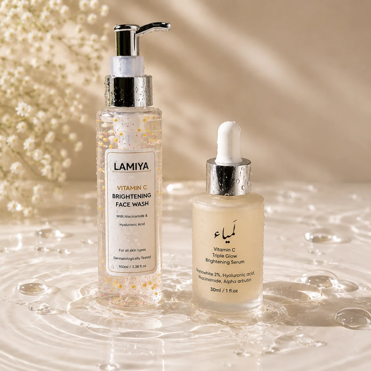 Lamiya Vitamin C skincare routine featuring the Brightening Face Wash and Triple Glow Serum